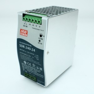 SDR-240-24, Преобразователь AC-DC на DIN-рейку  240Вт, выход 24В/10A, рег.вых=24...28В, вход 90…264VAC, 47…63Гц / 127…370VDC, изоляция 3000V AC, в кожухе : 63х125.2х114мм, -25…+70°С