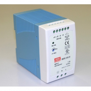 MDR-100-24, Преобразователь AC-DC на DIN-рейку  100Вт, выход 24В/4A, рег. вых 24…30В, вход 85…264V AC, 47…63Гц /120…370В DC, изоляция 3000В AC, в кожухе  55х90х100мм, -10…+60°С.
