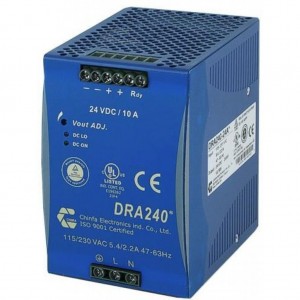DRA240-24A, Преобразователь AC-DC на DIN-рейку  240Вт, выход 24В/10A, вход 93…264VAC(Автовыбор), 47…63Гц / 210…370VDC, изоляция 3000V AC, : 124.5х83.5х123.6мм, винтовые клеммы, -40…+71°С