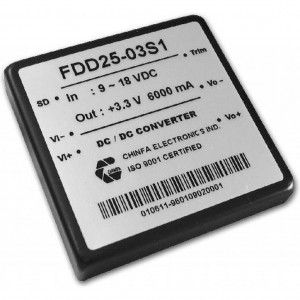 FDD25-05S1, DC-DC, 25Вт, Uвх=9 - 18В, Uвых=5В/5А, изоляция 1500В DC, 50.8х50.8х10.2мм, -25°С…+71°С