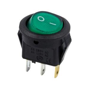 36-2533 Выключатель клавишный круглый 250V 3А (3с) ON-OFF зеленый с подсветкой Micro (RWB-106, SC-