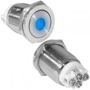 GQ19PF-10ZD/B/N OFF-ON, Антивандальная кнопка металлическая с фиксацией с синей подсветкой, посадочная резьба М19, контакты под винт