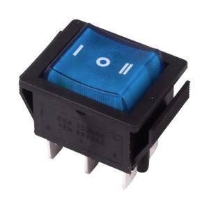 36-2391 Переключатель клавишный 250V 15А (6с) ON-OFF-ON синий с подсветкой и нейтралью (RWB-509,