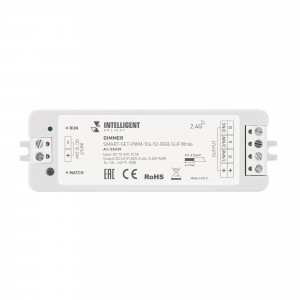 INTELLIGENT ARLIGHT Диммер SMART-SET-PWM-104-52-RGB-SUF White (12-24V, 3x4A, ПДУ LINE, 2.4G) 036189, Комплект диммер с пультом для RGB светодиодной ленты (ШИМ). Питание/рабочее напряжение 12-24VDC, максимальный ток 4A на канал, 3 канала, максимальная мощность 144-288W. Габариты контроллера 97x33x18 мм, габариты пульта 139x36x11 мм. Держатель в комплекте.