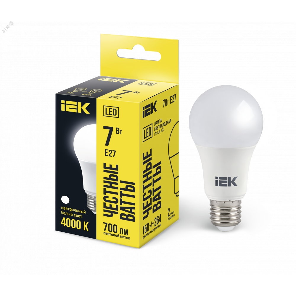 Изображение товара Лампа светодиодная Eco 7Вт A60 шар грушевидная 4000К E27