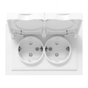 Механизм розетки двойной, 16А, IP44, с заземлением, со шторками, с рамкой, с крышками, белый Эпика EKF UP1-SOW-211-44