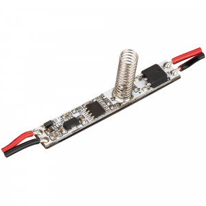 Микродиммер SMART-D13-H20-DIM (12-24V, 1x3A, Sens) 031620, Диммер для монохромной светодиодной ленты (ШИМ), встраиваемый в алюминиевый профиль. Питание/рабочее напряжение 12-24VDC, максимальный ток 3A на канал, 1 канал, максимальная мощность 36-72W. Габариты 50x8x20 мм, высота пружины 20 мм. Включение/выключение