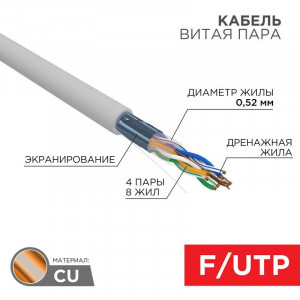 Кабель витая пара F/UTP CAT 5E PVC 4х2х0.52мм 24AWG INDOOR SOLID сер. (305м) PRO 02-0025