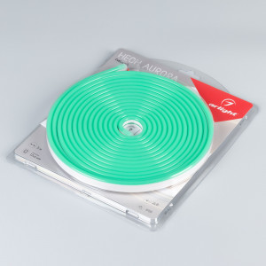 Лента герметичная AURORA-PS-A120-12x6mm 24V Green (10 W/m, IP65, 2835, 5m) 036680, Гибкий неон AURORA в силиконовой оболочке. Светодиоды SMD2835, 120 шт-м, цвет ЗЕЛЕНЫЙ. Сечение 12х6 мм, горизонтальный (боковой) изгиб, IP65, шаг резки 8.33 мм, мощность 10 Вт-м, напряжение питания DC 24V. Укомплектован заглушками и 30см проводом питания.