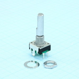 PEC11R-4225F-S0024, Энкодер PEC11, 24 щелчка, 24 импульса, металлический вал с лыской 25мм, с кнопкой, горизонтальные выводы,крепление на гайку 7мм