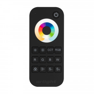 Пульт SMART-R21-MULTI Black (1 зона, 2.4G) 023472, Кнопочный радиопульт с сенсорным кольцом 2.4 ГГц черного цвета для управления DIM/MIX/RGB/RGBW источниками света. 1 зона управления, 2 слота памяти пользовательских настроек, выбор цвета и типа управления с помощью сенсорного кольца. Питание 3VDC (AAA*2).