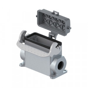 Закрытое основание разъема BAS GUT GS 16HM32 A1, Основание разъема на панель, закрытое, типоразмер 16B, высокое исполнение, с уплотнителем, 1 отверстие с резьбой для кабельных вводов M32x1,5, с левым расположением, с одной защелкой, с защитной крышкой, материал корпуса: алюминиевый сплав