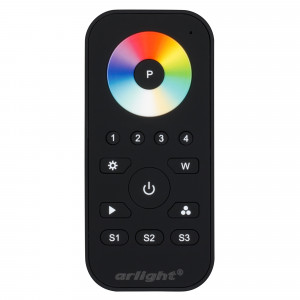 Сенсорный пульт SR-2819SP (RGBW 4 зоны) 020737, Мультизонный пульт RF (868MHz) с сенсорным кольцом выбора цвета. Особенность-режим составления программ из комбинаций 7 цветов, 4 эффектов при помощи кнопок. 4 зоны управления. Магнитный держатель в комплекте. Черный матовый корпус. Размер 120х55х17мм.