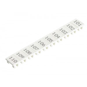 Маркировка для клемм (полоска) 9705A/8/10 B 101-110, Маркировочные шильдики, для клемм сечением 6 мм.кв., боковая / верхняя, 10 шильдиков, нанесенные символы: 101...110, с горизонтальным расположением, размер шильдика: 5,75 x 8,3 мм, цвет: белый