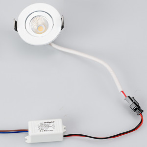 Светодиодный светильник LTM-R50WH 5W Day White 25deg 020755, Врезной круглый мебельный светильник 5Вт, корпус белый алюминий. Цвет ДНЕВНОЙ БЕЛЫЙ 4000K. Светодиод 1х5W Bridgelux. CRI>80, Св.поток 350-400лм, наклоняемая ось, угол 25°. Питание 180-240VAC, 5Вт, 400mA 11-13V, драйвер в комплекте. Размеры d50x50 мм, врез