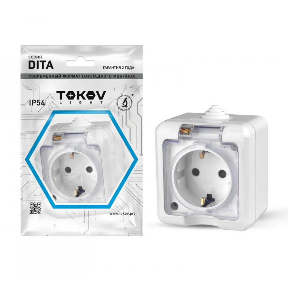 Изображение товара Розетка 1-м ОП Dita 16А IP54 с заземлением и прозрачной крышкой белая