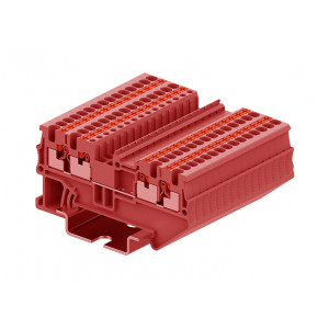 Проходная клемма TP1.5-4-RD, Проходная клемма, 4 точки подключения, тип фиксации провода: Push-in, номинальное сечение: 1.5 мм кв., 17,5A, 500V, ширина: 3,5 мм, цвет: красный, тип монтажа: DIN35