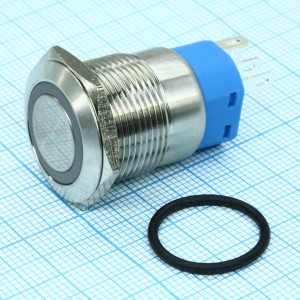 A19-C1-A с синей подсветкой, Кнопка антивандальная с подсветкой 12В d19 5A 250B (5c) ON-OFF/OFF-ON с фиксацией