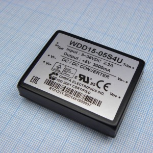 WDD15-05S4U, Преобразователь DC/DC, 15Вт, Uвх=9...36В, Uвых=5В/3А, изоляция 1500В DC, 50.8x40.6х10.2 мм, -40°С…+61°С