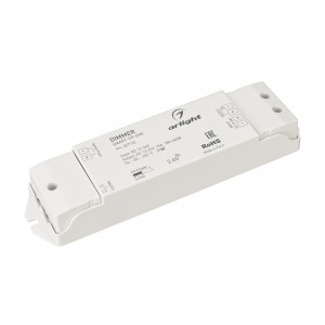 Диммер SMART-D9-DIM (12-24V, 1x15A, 2.4G) 027133, Диммер для монохромной светодиодной ленты (ШИМ). Питание/рабочее напряжение 12-24VDC, максимальный ток 15A на канал, 1 канал, максимальная мощность 180-360W. Винтовые клеммы. Корпус - PVC. Габариты 175x45x27 мм. Управляется пультами и панелями серии SMART
