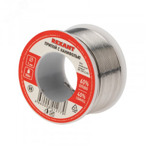 Припой с канифолью ПОС-60 100гр  1.0мм, Припой трубчатый с канифолью REXANT, 100 г, d1.0 мм, (олово 60%, свинец 40%), катушка, блистер