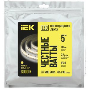 Лента светодиодная 5м SMD2835 240LED/м 22Вт/м IP20 ширина 10мм 24В теплый белый IEK LSR6-1-240-20-1-05