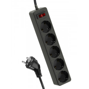 Удлинитель с сетевым фильтром 5х5м с заземл. 10А IP20 2.2кВт ПВС 3х0.75 с выкл. с индикатором сети черн. FKsm5m-5g(B)