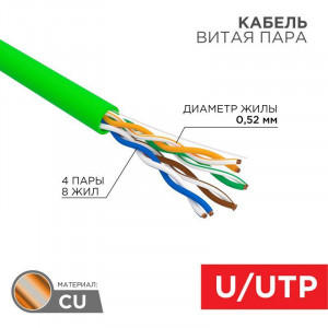 Кабель витая пара U/UTP кат.5E 4х2х0.52 24 AWG нг(А)-LSLTx INDOOR SOLID зел. (305м) 01-0061