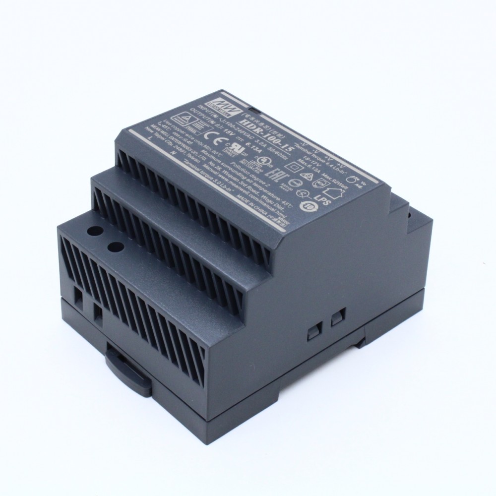 Изображение товара Компактный источник питания MEAN WELL HDR-100-15 на DIN-рейку 92 Вт