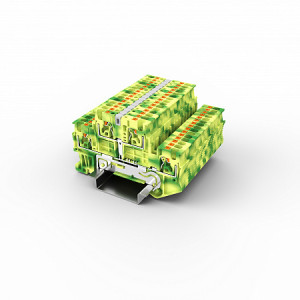 Заземляющая клемма UPT-1.5/2PE, Заземляющая этажная клемма, 2 этажа, тип фиксации провода: Push-in, номинальное сечение: 1,5 мм кв., ширина: 3,5 мм, цвет: желто-зеленый, тип монтажа: DIN35