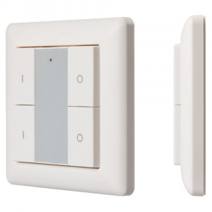 KNOB SR-2853K4-RF-UP WHITE, 2-зонный накладной диммер-выключатель, работает по радиоканалу (короткое нажатие - вкл, длинное нажатие - диммир-е). Используется с контроллерами серии SR-1009х. Питание - литиевая батарейка 3V CR2450. К одному контроллеру SR-1009х можно привязать неск. п
