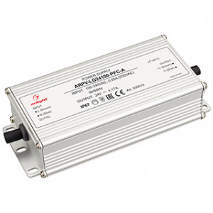 Блок питания ARPV-LG24100-PFC-A (24V, 4.17A, 100W) 030013, Источник напряжения с гальванической развязкой для светодиодных изделий. Входное напряжение 100-240 VAC. Выходные параметры: 24 В, 4.17 А, 100 Вт. Встроенный PFC >0.95. Герметичный алюминиевый корпус IP 67. Рабочая температура -40…+70C?. Габаритные размер