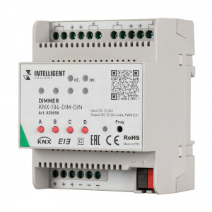 INTELLIGENT ARLIGHT Диммер KNX-104-DIM-DIN (12-24V, 4x4A) 025658, Универсальный диммер стандарта KNX для установки на DIN-рейку. Питание DC 12-24V, ток нагрузки 4А на канал, 4 канала управления. Возможность ручного управления. Подходит для работы с 5V лентами/лампами. Мощность 192-384W.