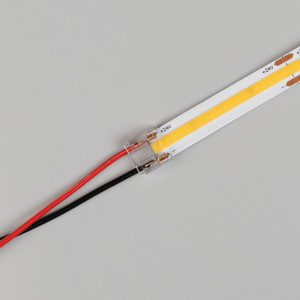 Коннектор COB-MONO-10mm-2pin-STW 046945, Одиночный коннектор для соединения 2-х отрезков открытых светодиодных одноцветных лент COB шириной 10 мм. Материал - прозрачный пластик. Обеспечивает соединение без видимых разрывов. Максимальный допустимый ток 3 А, максимальное напряжение 24 В