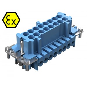 Контактная вставка 72.310.1653.9, Вилочная контактная вставка взрывозащищенного разъема REVOS Ex, Size 16, винтовая фиксация, с защитой провода, 16 полюсов + РЕ, 90 V, до 16 A, материал контактов: медный сплав, тип покрытия контактов: олово