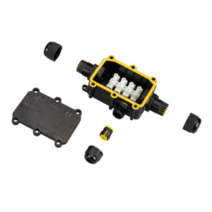 Коробка распределительная NEO-GERM-3-WTW (5-9mm) 030762, Коробка распределительная пластиковая с тремя выходами для соединения проводов диаметром 5-9 мм, сечением 0,5-2,5 мм2. Номинальный ток 24 А. Номинальное напряжение 450 В. Цвет черный. Степень защиты IP68. Рабочая температура -20 +80°С. Подключение питания