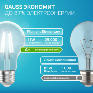 Лампа светодиодная филаментная LED 11 Вт 930 лм 4100К А60 груша нейтральный E27 AC 220В прозрачная колба Elementary 22221