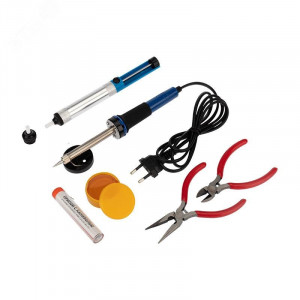 Набор для пайки REXANT -13, паяльник 30Вт, подставка, канифоль, припой, бокорезы, тонкогубцы