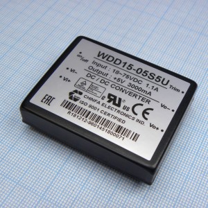 WDD15-05S5U, Преобразователь DC/DC, 15Вт, Uвх=9...36В, Uвых=5В/3А, изоляция 1500В DC, 50.8x40.6х10.2 мм, -40°С…+61°С