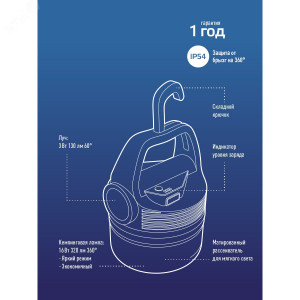 Фонарь аккумуляторный кемпинговый походный 16Вт SMD LED+3Вт LED Li-ion 18650 2400мА.ч Power-bank корпус ABS-пластик индикатор уровня заряда USB-шнур складной крючок для подвешивания матов. рассеив. KOC616Lit