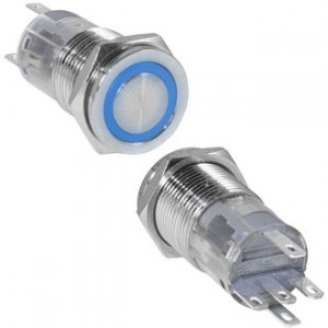 LAS2GQPF-11E/B/N ON-(ON), Кнопка антивандальная металлическая без фиксации с кольцевой синей подсветкой, 3А 250В, резьба М16