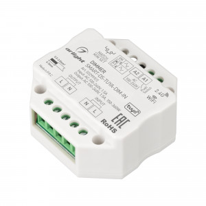 Диммер SMART-D5-TUYA-DIM-IN (230V, 1.5A, TRIAC, WiFi, 2.4G) 032991(1), TRIAC диммер, предназначенный для управления диммируемыми источниками света с напряжением питания 230В. Управляется пультами и панелями серии SMART. Поддерживает функцию Push-Dim. Интерфейс Tuya, интегрированный Wi-Fi. Поддерживается управление ЯНДЕКС АЛИ