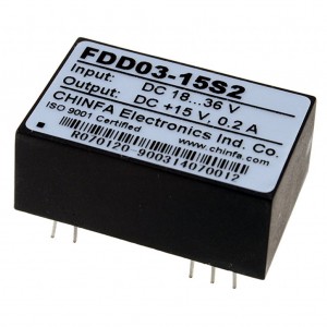 FDD03-15S2, DC-DC, 3Вт, вход 18…36В, выход 15В/200мА, изоляция 1500В DC, корпус DIP24, 31.8х20.3х12.7мм, -40°С…+71°С