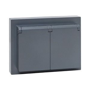 Механизм розетки двойной, 16А, IP44, с заземлением, со шторками, с рамкой, с крышками, графит Эпика EKF UP1-SOG-211-44