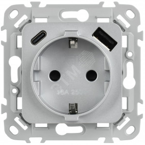 FLITE Розетка 1-местная с заземлением с защитными шторками 16А с USB A+C 20Вт безвинтовое крепление РСЮшс11-1-ФлА алюминий IEK FI-R14-16-1-U22-020-K47