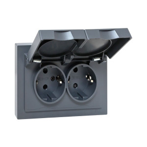 Механизм розетки двойной, 16А, IP44, с заземлением, со шторками, с рамкой, с крышками, графит Эпика EKF UP1-SOG-211-44