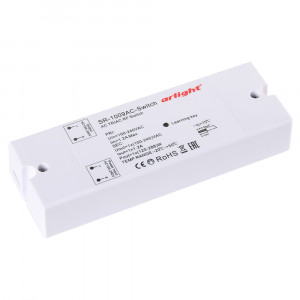 Контроллер-выключатель SR-1009AC-SWITCH (230V, 1.2A) 020935, Выключатель с RF управлением (пульт поставляется отдельно) для включения/выключения любых видов нагрузки 230 VAC. Мощность активной нагрузки (лампы накаливания) макс. 288 Вт. Полная мощность для электронной нагрузки (диммеры) макс. 72 VA. 230В
