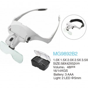 Линза-очки MG9892B2 с подсветкой, 5 сменных пластиковых стекол-насадок. Подсветка-2 суперярких светодиода. Питание – 3 батарейки LR03 (AAA) (в комплект не входят).