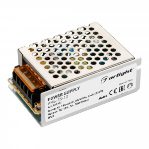 Блок питания ARS-35-12 (12V, 3A, 35W) 025332, Источник напряжения с гальванической развязкой для светодиодных изделий. Входное напряжение 185-264 VAC. Выходные параметры: 12 В, 3 А, 35 Вт. Встроенный PFC >0,5. Негерметичный алюминиевый сетчатый корпус IP 20. Габаритные размеры длина 85 мм, ширина 58