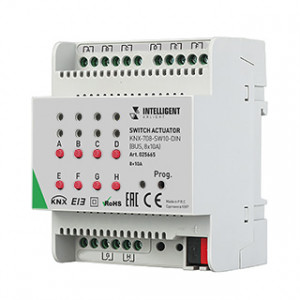KNX-708-SW10-DIN, Релейный модуль 8-ми канальный для KNX систем. Установка на DIN рейку. Возможность ручного управления. Напряжение питания DC 21-30V от шины данных. Максимальный коммутируемый ток - 10А/канал. Для коммутации электирических нагрузок в сетях с номинальным на